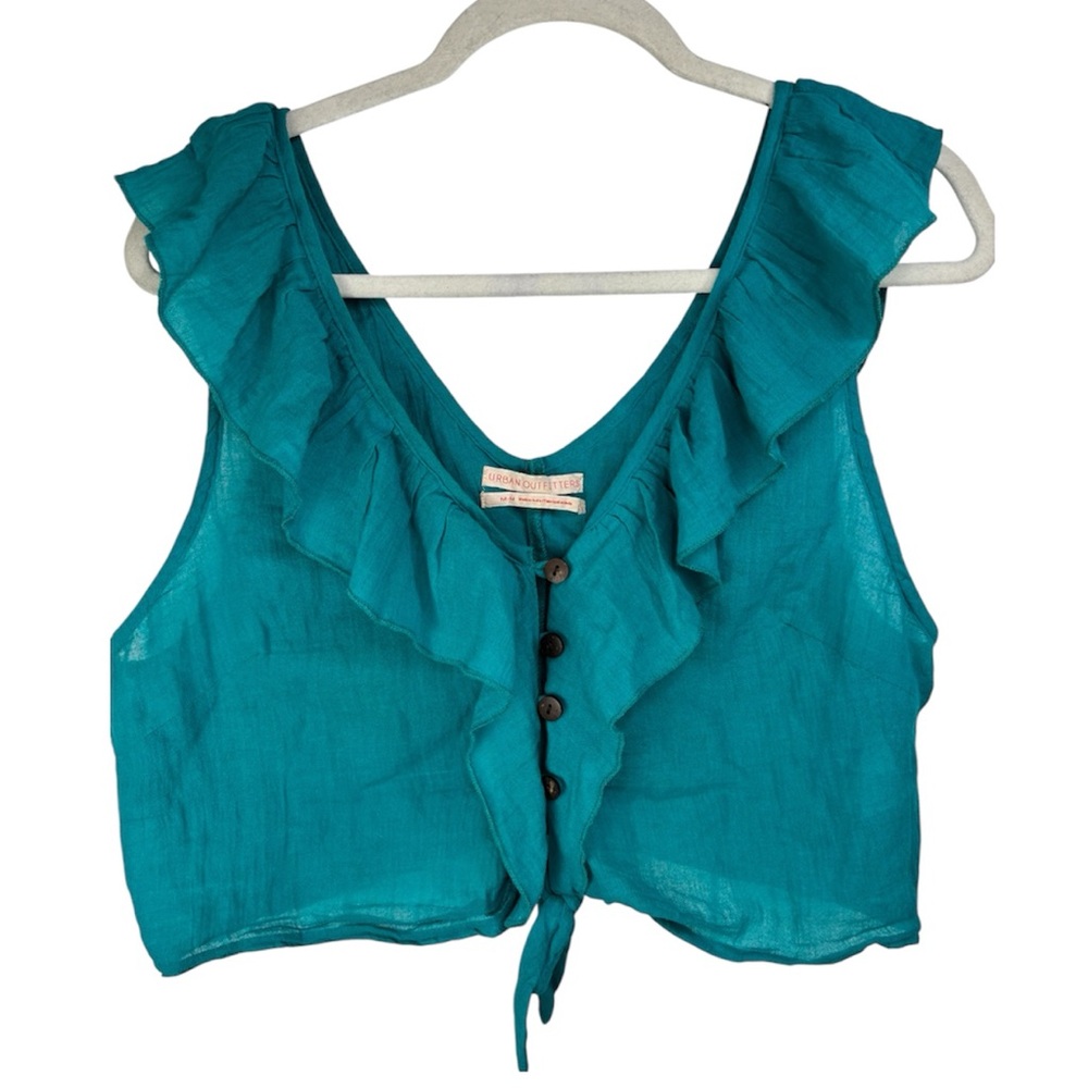 Urban Outfitters Women Teal Medium Ruffle Button Cropped Blouse Summer Feminine
